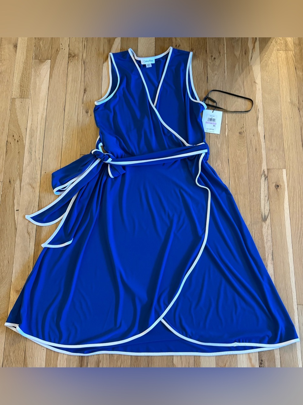 Calvin Klein Women's Size 6 Royal Blue White Faux Wrap Dress Belted Short Sleeve